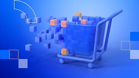 Graphic illustration of a shopping trolley with cubes floating out of it as if virtual reality