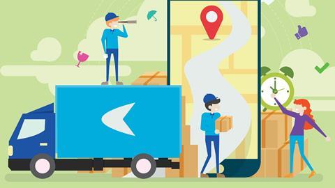 Illustration showing delivery drivers, parcels, a phone, a van and a clock