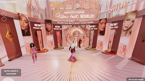 Charlotte Tilbury virtual reality metaverse showing avatars and beauty products
