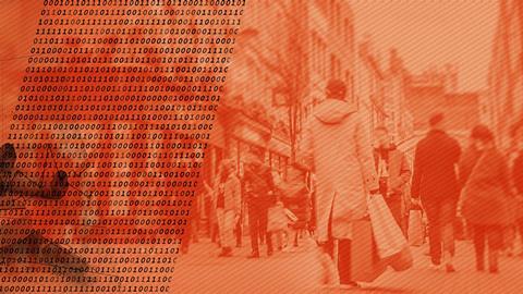 Image of people walking on a high street overlaid with binary code
