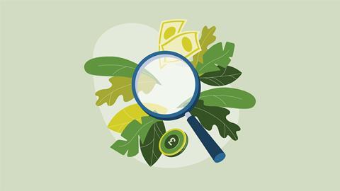 Illustration of a magnifying glass zooming in on green leaves and leaves of cash