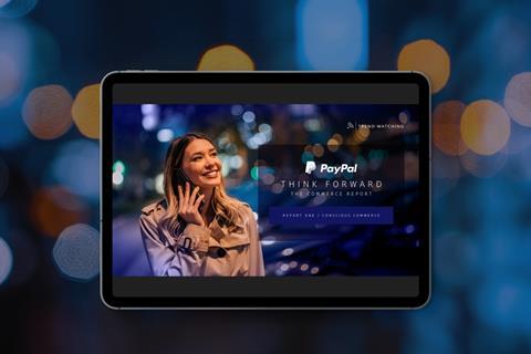 Screen showing PayPal branding and a woman talking on the phone. Text says: Think Forward – The Commerce Report