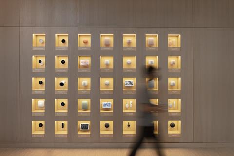 A wall in the Google store in New York City showing a large display of Google devices