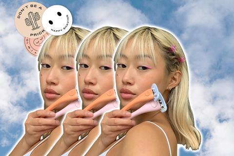 Three repeated images of a model holding Estrid razors against a blue sky background