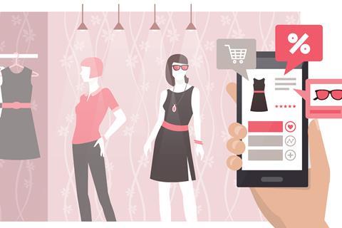 Illustration of customer using smartphone in fashion shop index