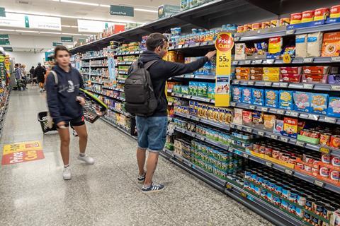 Shoppers in Morrisons supermarket aisle