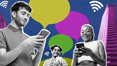 Man and two women smiling and typing on phones against backdrop of skyscrapers, Wi-Fi symbols and speech bubbles