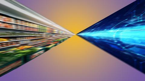 Graphic image showing a blurred supermarket aisle on one side and electromagnetic waves on the other