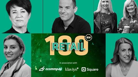 Collage of people from the Retail 100 report. Text reads: Retail 100, in association with Ecommpay, Klaviyo and Square