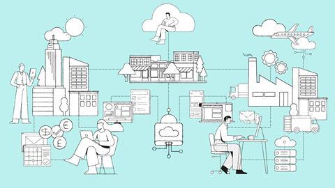 White and blue illustration showing people in an interconnected world via computers and the cloud