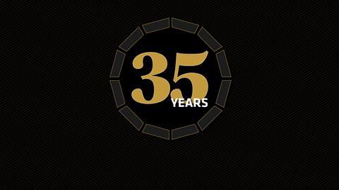 Gold text in a circle on a black background reading: '35 years'