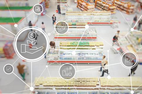 Supermarket scene with illustration of connective technology overlaid over image