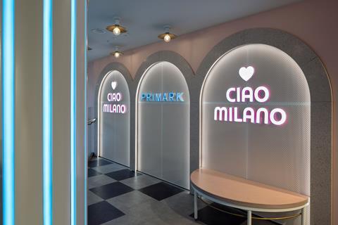 Changing room displays in Primark Milan with sign saying: 'Ciao Milano'