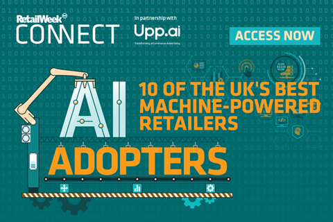 Graphic text showing robot in warehouse. Text says: Retail Week Connect in partnership with Upp.AI, AI Adopters: 10 of the UK's best machine-powered retailers