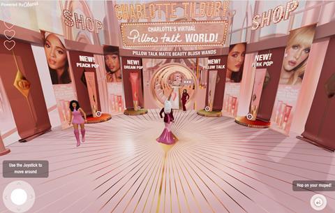 Charlotte Tilbury virtual reality metaverse showing avatars and beauty products