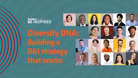 Image showing a thumbprint graphic and 20 squares featuring images of people of different genders and ethnicities. Text reads: Retail Week presents Be Inspired. Diversity DNA: Building a D&I strategy that works