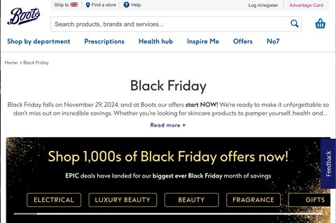 Screenshot of Boots Black Friday website