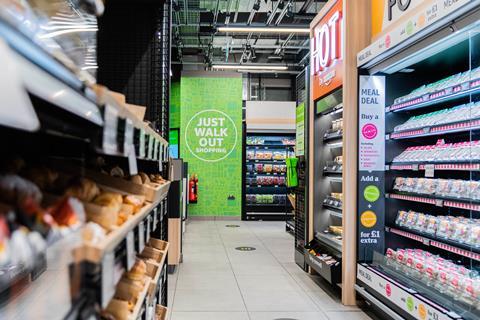 A display in the Amazon Fresh store advertises the Just Walk Out technology.