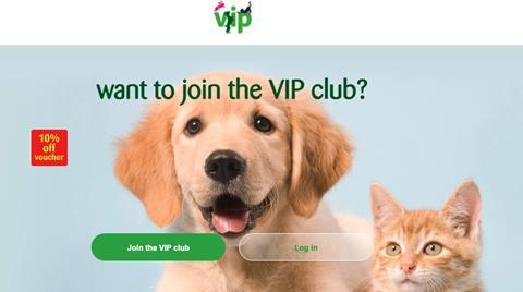 Screengrab from Pets at Home website showing a dog and a cat and the words: 'VIP Want to join the VIP club? 10% off voucher'