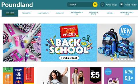 Poundland website homepage showing back-to-school branding and products