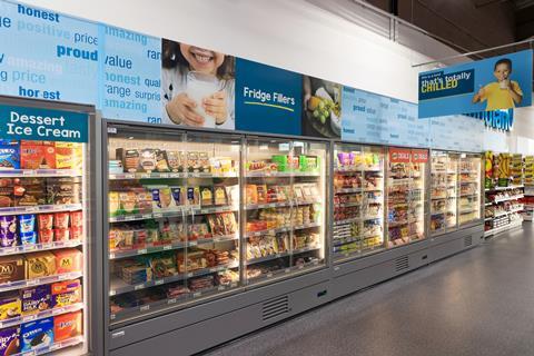Interior of Poundland Nottingham store showing chilled and frozen food