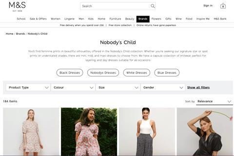 Marks & Spencer screenshot showing Nobody's Child range sold online