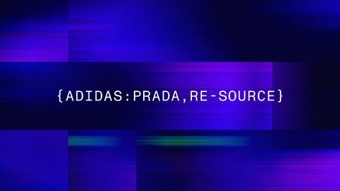 Text on a blue background says: {ADIDAS: PRADA, RE-SOURCE}