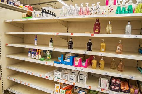 Hand sanitiser empty shelves