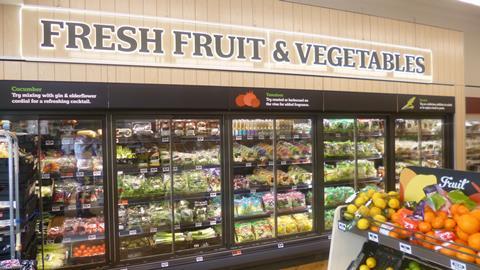 The fresh fruit and veg chiller units at the front of the store