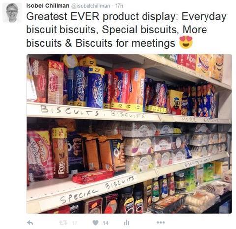 A convenience store has organised its snacks into four categories, including ‘Everyday biscuits’ and ‘Biscuits for meetings’.