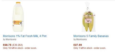 A five-pack of bananas appeared for £27.99, while a four-pint carton of 1% milk was offered for a whopping £68.75.
