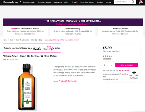 Screengrab of Superdrug Marketplace showing Nature Spell Hemp Oil
