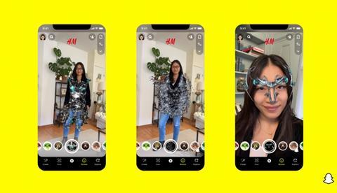 Three images of H&M and Snapchat's augmented reality app, showing a woman experimenting with it