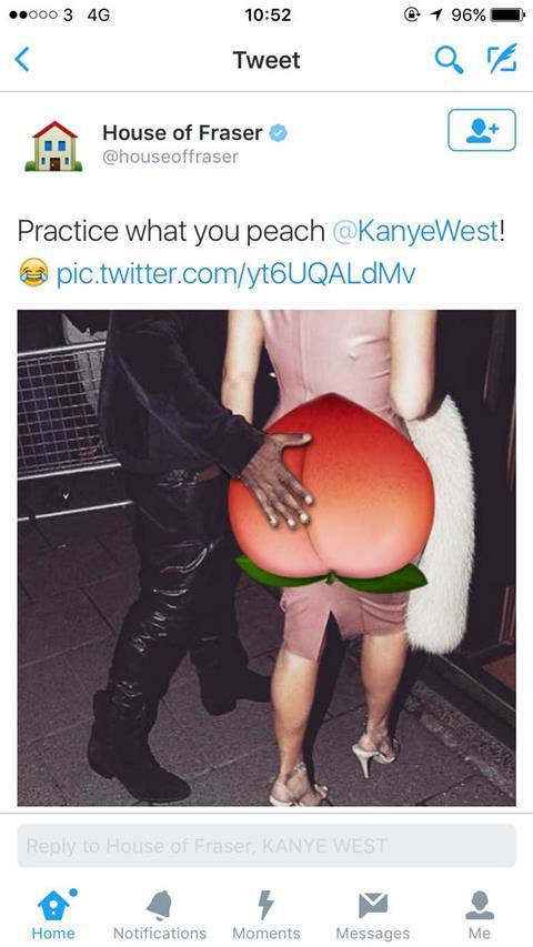 One of House of Fraser's bizarre tweets was directed at Kanye West and his wife Kim Kardashian.