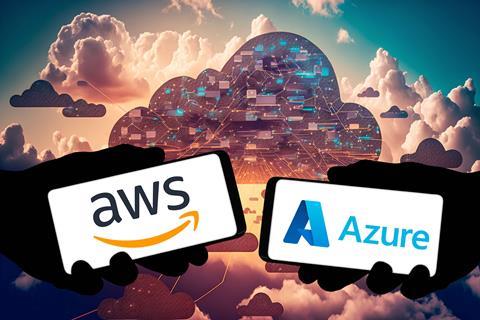 Two hands holding phones with AWS and Azure logos against background of clouds