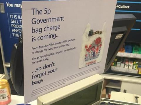 Signage has gone up in supermarkets, including Tesco, to warn customers of the impending 5p charge per plastic carrier bag.  