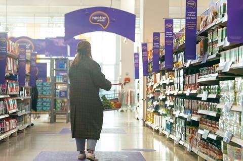 Sainsbury's Nectar Prices signs on supermarket shelves