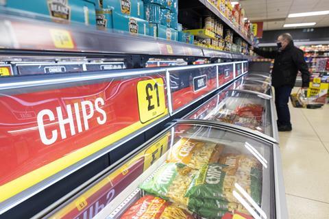 £1 chips offer on display in Iceland supermarket