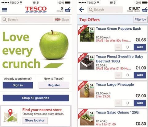 The Tesco grocery app welcomes users by name and links up all the Tesco businesses, such as Clubcard details, Tesco Direct and Blinkbox, to allow effective cross-selling.