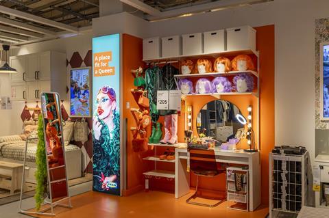 Ikea products curated by drag queen Carrot, including a dressing table and lamp