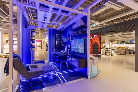 Gaming room display in Ikea Oxford Street, including chair and blue atmospheric lighting