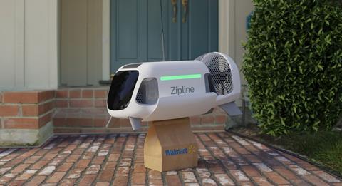 Zipline drone carrying a Walmart delivery