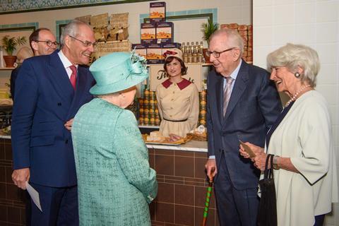 Lord Sainsbury of Preston Candover with the Queen as Sainsbury's celebrated its 150th anniversary