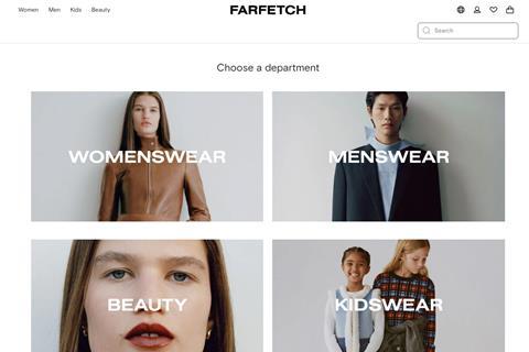 Farfetch homepage showing menswear, kidswear, beauty and womenswear