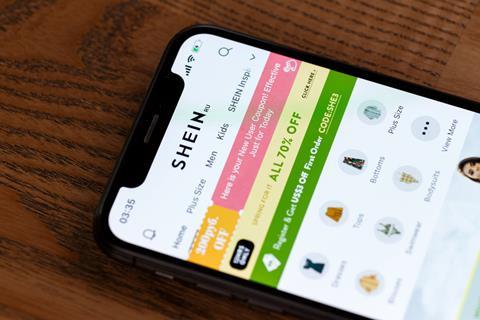 Shein mobile site on phone screen