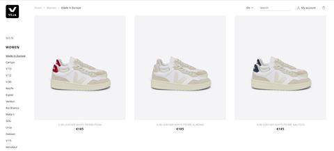 Screengrab from Veja website showing three pairs of trainers in its Made in Europe range