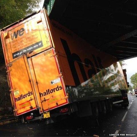 A Halfords lorry got stuck under a low bridge in south-east London