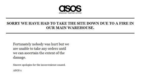 Asos has taken down its site after a fire caused “substantial damage” to its main warehouse in Barnsley on Friday night.