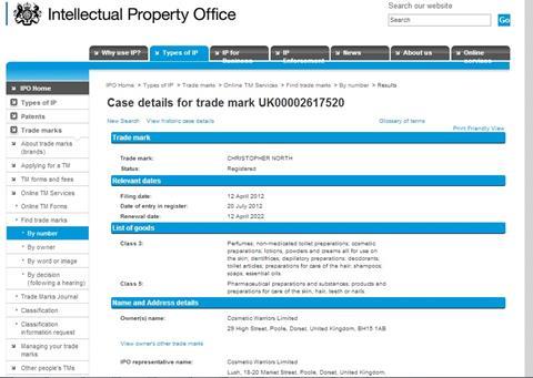 Lush's register of the search term on the Intellectual Property Office