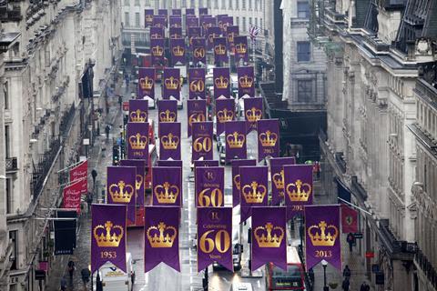 Regent Street has been decked out in flags to celebrate the Coronation anniversary